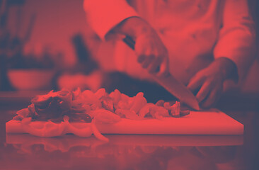 Image showing Chef cutting fresh and delicious vegetables