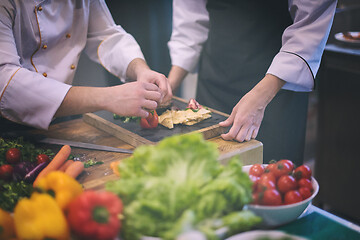 Image showing team cooks and chefs preparing meal