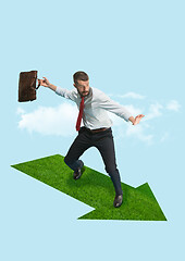 Image showing Businessman holding briefcase walking on graphic stair, start up business concepts.