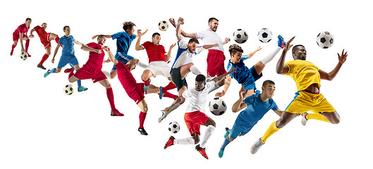 Image showing Professional men - football soccer players with ball isolated white studio background