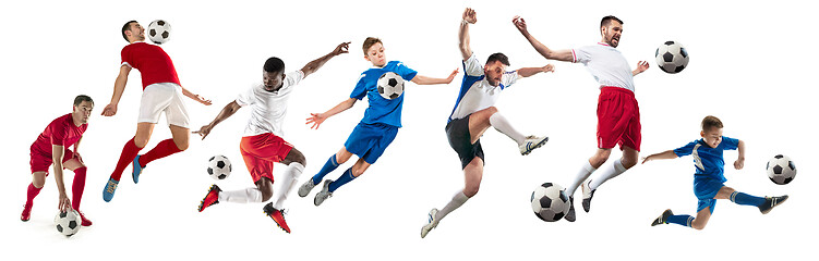Image showing Professional men - football soccer players with ball isolated white studio background