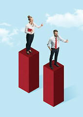 Image showing Businessman and businesswoman standing on graphic stair, start up business concepts.