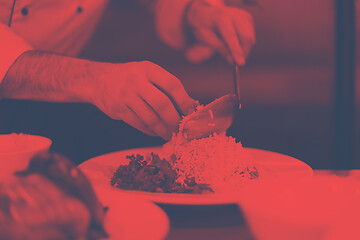 Image showing Chef hands serving vegetable risotto