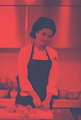 Image showing Chef cutting fresh and delicious vegetables