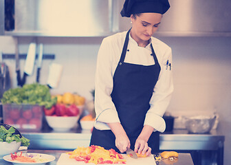 Image showing Chef cutting fresh and delicious vegetables