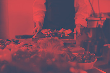 Image showing female Chef holding beef steak plate