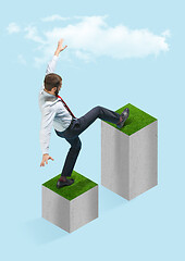 Image showing Businessman holding briefcase walking on graphic stair, start up business concepts.