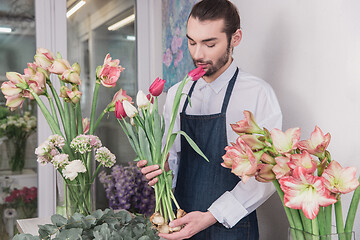 Image showing Small business. Male florist in flower shop. Floral design studio, making decorations and arrangements.