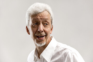 Image showing The happy senior business man standing and smiling against gray background.