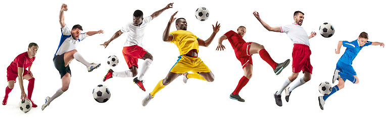 Image showing Professional men - football soccer players with ball isolated white studio background