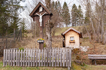 Image showing Way cross with garden house standing on the mountain