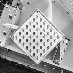 Image showing Top aerial view of modern archiecture of islamic religious cultural centre in Ljubljana, Slovenia, Europe. Black and white image