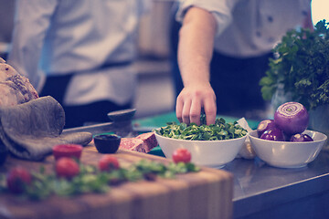 Image showing chef hand serving vegetable salad