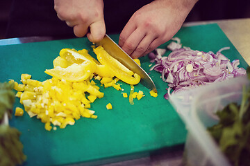 Image showing Chef hands cutting fresh and delicious vegetables