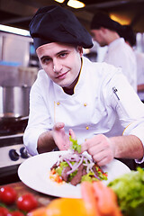 Image showing cook chef decorating garnishing prepared meal