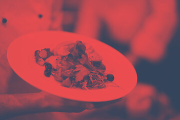 Image showing Chef hands holding dish of fried Salmon fish fillet