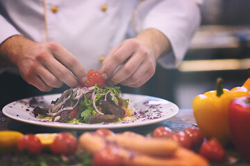 Image showing cook chef decorating garnishing prepared meal