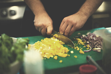 Image showing Chef hands cutting fresh and delicious vegetables