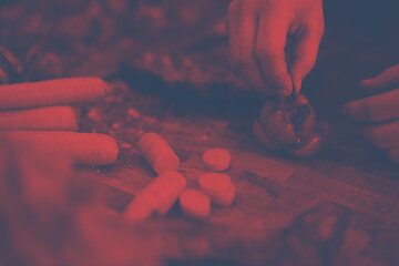 Image showing closeup of Chef hands preparing beef steak