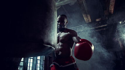 Image showing Hand of boxer over black background. Strength, attack and motion concept