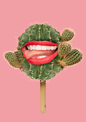 Image showing Modern Art Collage. Girl with lips head, cactus background