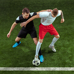 Image showing Football players tackling ball over green grass background