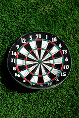 Image showing DART BOARD ON GREEN GRASS BACKGROUND