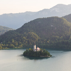 Image showing Lake Bled, island with a church and the alps in the background, Slovenia