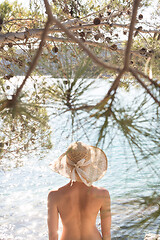 Image showing Rear view of topless beautiful woman wearing nothing but straw sun hat realaxing on wild coast of Adriatic sea on a beach in shade of pine tree.