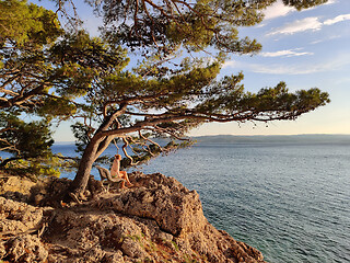 Image showing Pensive woman on vacations, sitting and relaxing under large pine tree on bench by dip blue sea enjoying beautiful sunset light in Brela, Makarska region, Dalmatia, Croatia