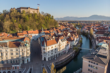 Image showing Aerial drone panoramic view of Ljubljana, capital of Slovenia in warm afternoon sun