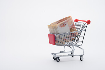 Image showing there is a bundle of Russian five-thousandth bills in the grocery cart