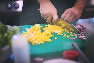 Image showing Chef hands cutting fresh and delicious vegetables