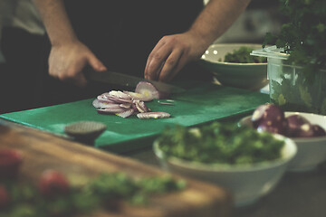 Image showing Chef  hands cutting the onion with knife