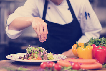 Image showing cook chef decorating garnishing prepared meal