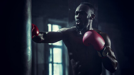 Image showing Hand of boxer over black background. Strength, attack and motion concept