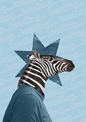 Image showing Modern collage. Concept suit man with giraffe head on color background.