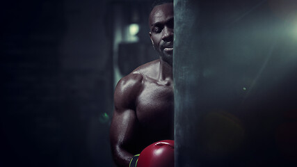 Image showing Hand of boxer over black background. Strength, attack and motion concept