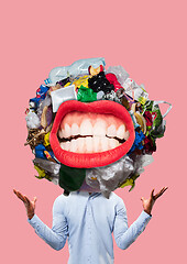 Image showing Concept of knowledge. Garbage bags is in cut of the head on a white background. Unnecessary information.