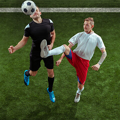 Image showing Football players tackling ball over green grass background