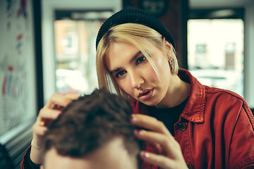 Image showing Client during beard shaving in barber shop