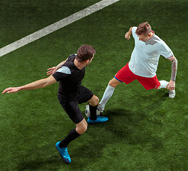 Image showing Football players tackling ball over green grass background