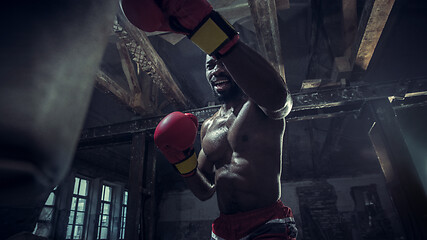 Image showing Hand of boxer over black background. Strength, attack and motion concept