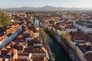 Image showing Aerial drone panoramic view of Ljubljana, capital of Slovenia in warm afternoon sun