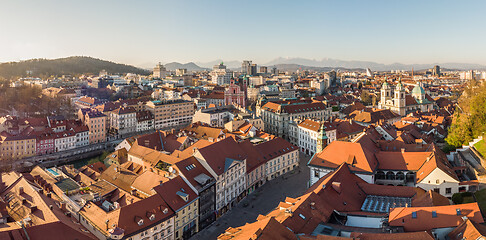 Image showing Panoramic view of Ljubljana, capital of Slovenia, at sunset. Empty streets of Slovenian capital during corona virus pandemic social distancing measures in 2020