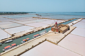 Image showing Windmill of Infarsa Salina near Marsala, Trapani, Italy