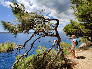 Image showing Young active feamle tourist wearing small backpack walking on coastal path among pine trees looking for remote cove to swim alone in peace on seaside in Croatia. Travel and adventure concept