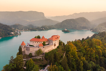 Image showing Aerial panoramic view of Lake Bled and the castle of Bled, Slovenia, Europe. Aerial drone photography