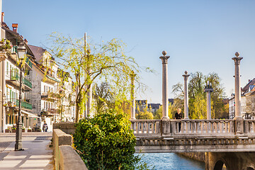 Image showing Unique Plecnik arhitecture of Cobblers bridge seen trough willow branches in old medieval city center of Ljubljana, Slovenia