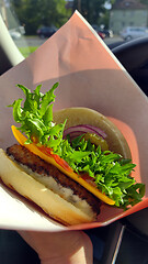 Image showing Somebody eating gourmet burger in car